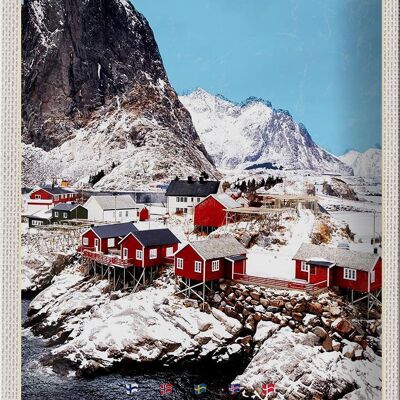 Blechschild Reise 20x30cm Skandinawien Schnee Häuser Gebirge