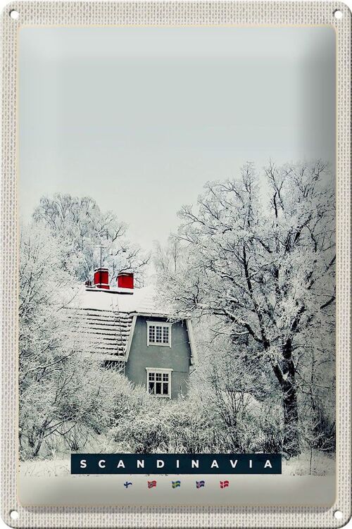 Blechschild Reise 20x30cm Skandinawien Schnee Weiß Natur Haus