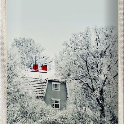 Blechschild Reise 20x30cm Skandinawien Schnee Weiß Natur Haus
