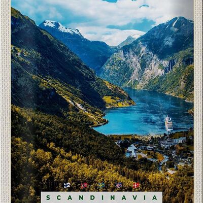 Cartel de chapa de viaje, 20x30cm, Escandinavia, naturaleza, mar, montañas, barco