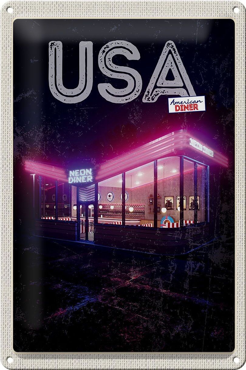 Targa in metallo da viaggio 20x30 cm America Diner Restaurant at Night Sign