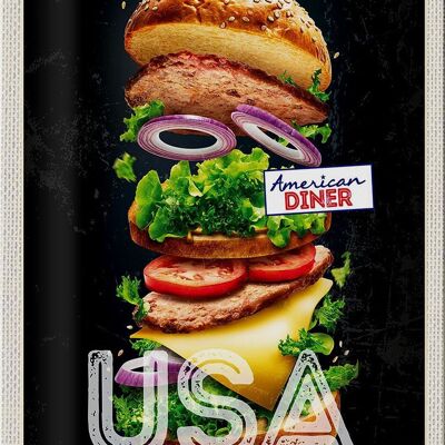 Cartel de chapa de viaje, 20x30cm, América, EE. UU., hamburguesa, tomates, pintura