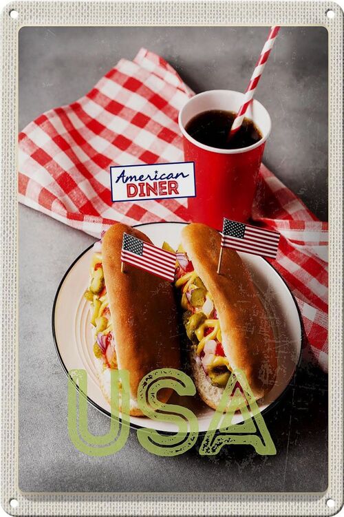 Blechschild Reise 20x30cm Amerika USA Hot Dog Gurken Senf Cola