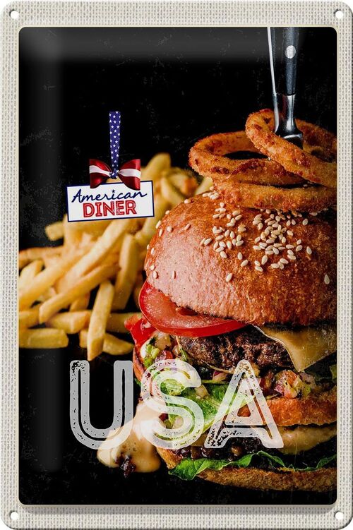 Blechschild Reise 20x30cm USA Burger Pommes Zwiebelringe essen