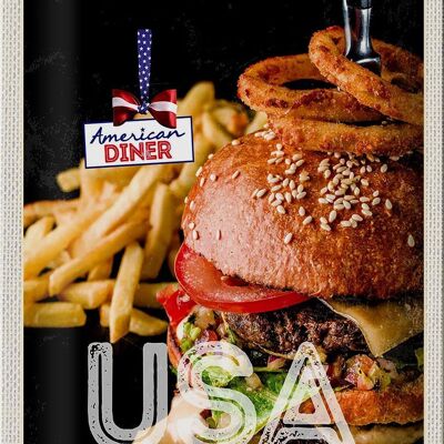 Cartel de chapa de viaje 20x30cm USA hamburguesas fritas comiendo aros de cebolla