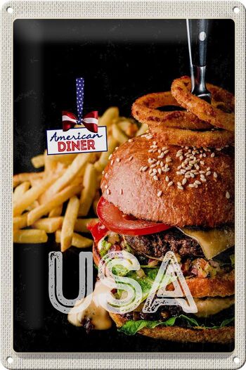 Plaque en étain voyage 20x30cm USA burger frites mangeant des rondelles d'oignon 1