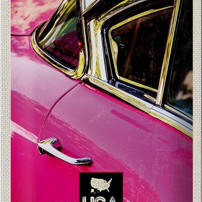 Cartel de chapa viaje 20x30cm América coche antiguo rosa plata vacaciones