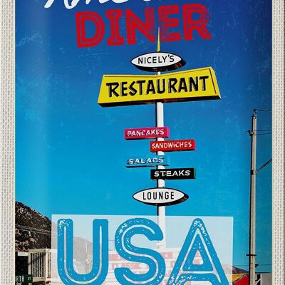 Cartel de chapa de viaje, 20x30cm, restaurante de EE. UU., tortitas, filetes, ensalada