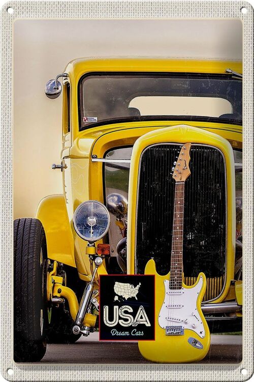 Blechschild Reise 20x30cm Amerika Oldtimer gelb Auto Gitarre