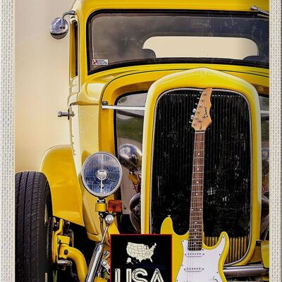 Cartel de chapa de viaje, 20x30cm, América, coche antiguo, guitarra de coche amarilla
