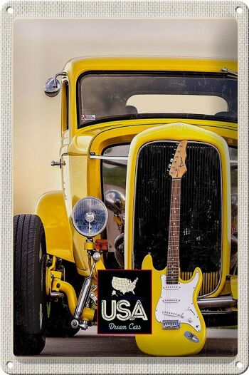 Signe en étain voyage 20x30cm, voiture Vintage américaine, voiture jaune, guitare 1