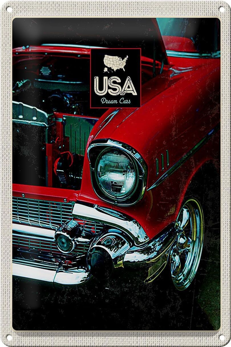 Cartel de chapa viaje 20x30cm América coche antiguo años 90 rojo vacaciones