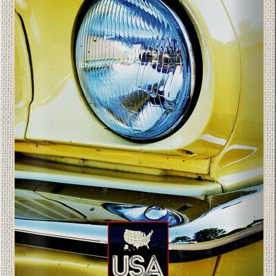 Cartel de chapa viaje 20x30cm América faros de coches antiguos amarillo