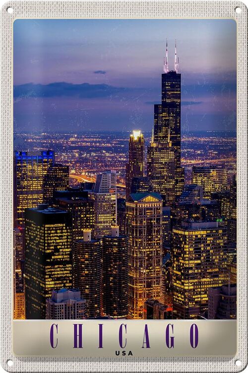 Blechschild Reise 20x30cm Chicago Amerika USA Hochhaus Abend
