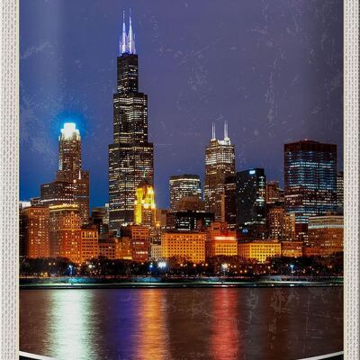 Cartel de chapa de viaje, 20x30cm, Chicago, EE. UU., América, noche junto al mar