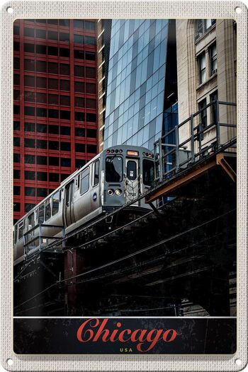 Signe en étain voyage 20x30cm, Chicago USA America Train Hochaus 1