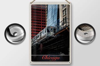 Signe en étain voyage 20x30cm, Chicago USA America Train Hochaus 2