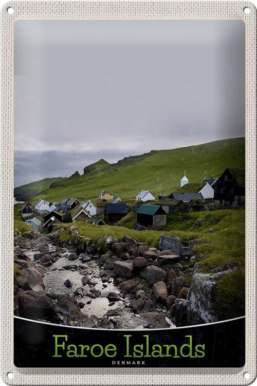 Blechschild Reise 20x30cm Dänemark Faroe Islands Häuser Wiese
