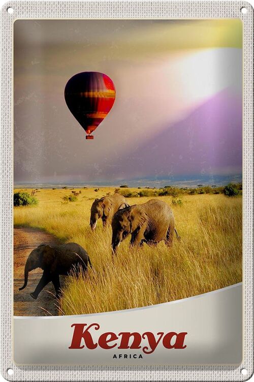 Blechschild Reise 20x30cm Kenia Afrika Elefanten Heißluftballon