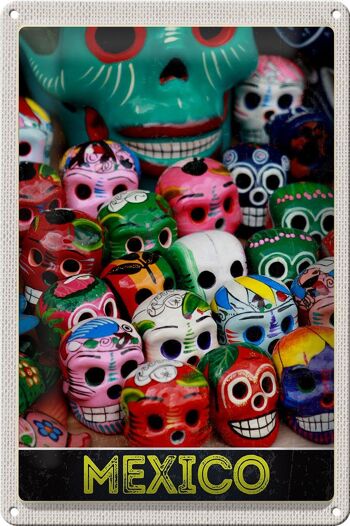 Panneau en étain voyage 20x30cm, Mexique, Amérique, États-Unis, crânes colorés 1
