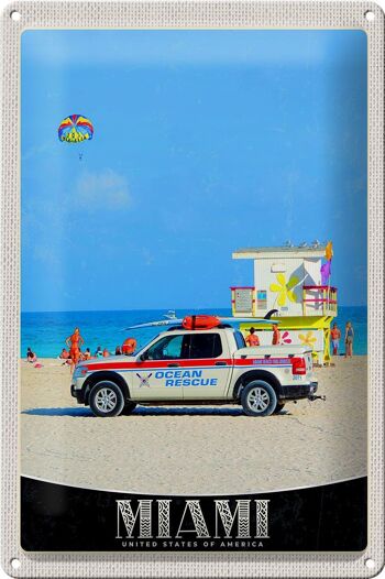 Signe en étain voyage 20x30cm, voiture de sauvetage en océan, Miami, états-unis, amérique 1