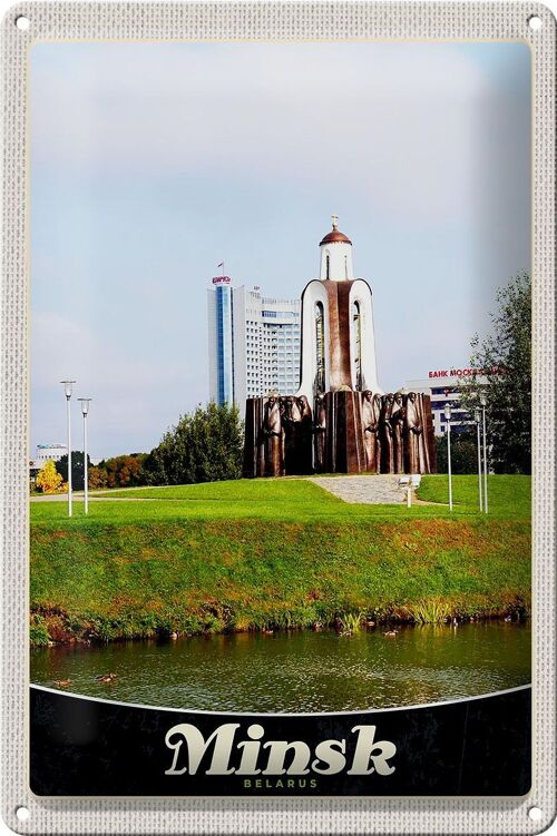 Blechschild Reise 20x30cm Minsk Belarus Fluss Skulptur Urlaub