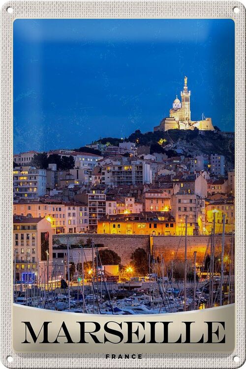 Blechschild Reise 20x30cm Marseille Frankreich Kirche Nacht