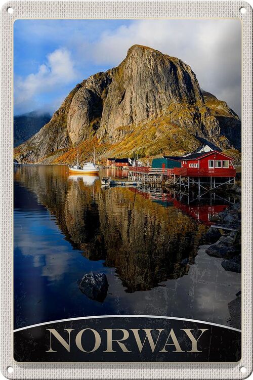 Blechschild Reise 20x30cm Norwegen Europa See Häuser Boote Trip