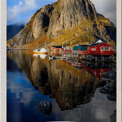 Targa in metallo da viaggio 20x30 cm Norvegia Europa Case sul lago Gita in barca