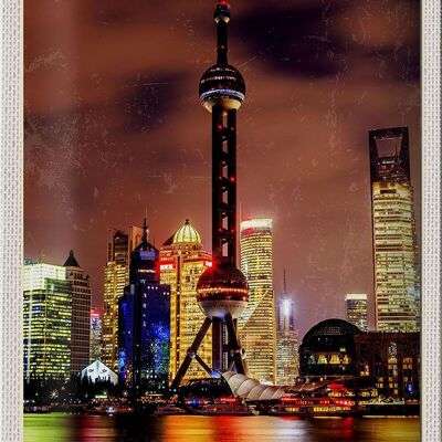 Cartel de chapa de viaje, 20x30cm, Shanghai, China, torre de la ciudad, vacaciones en el mar