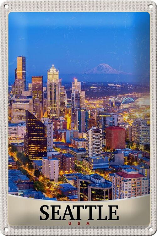 Blechschild Reise 20x30cm Seattle USA Amerika Stadt Abend Urlaub