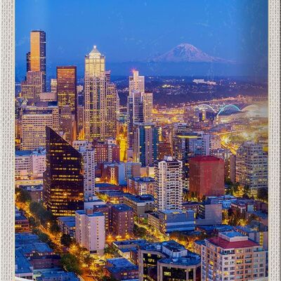 Blechschild Reise 20x30cm Seattle USA Amerika Stadt Abend Urlaub