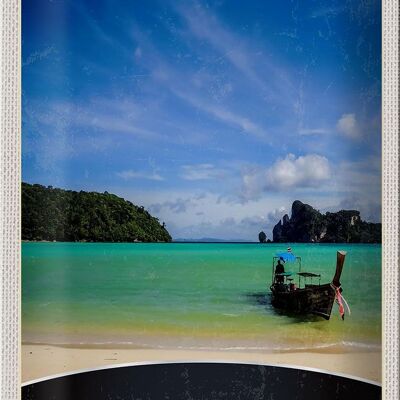 Cartel de chapa de viaje, 20x30cm, Tailandia, mar, barco, montañas, cielo
