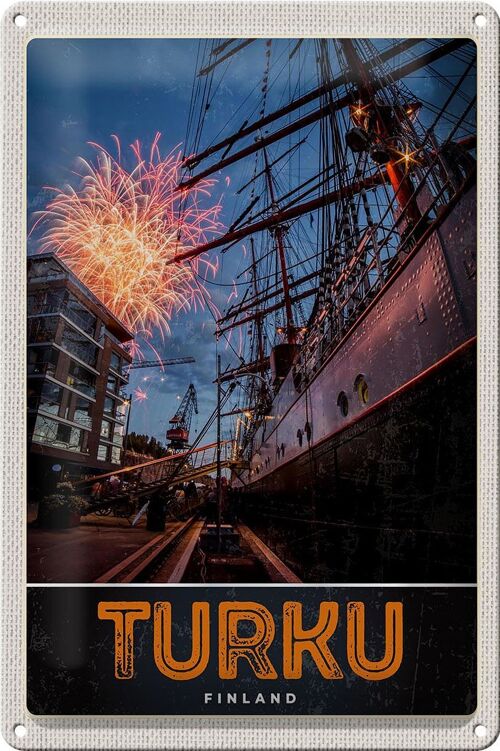 Blechschild Reise 20x30cm Turku Finnland Schiff Feuerwerk Urlaub