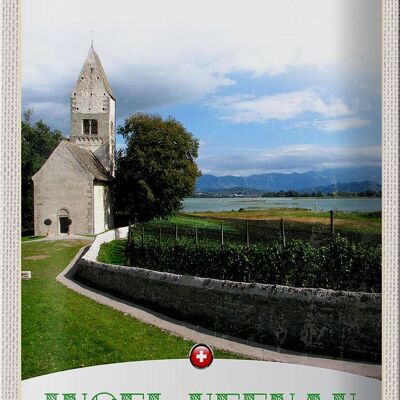 Cartel de chapa de viaje, 20x30cm, isla de Ufenau, Suiza, iglesia, prado, lago