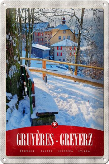 Plaque en tôle voyage 20x30cm Gruyères Gruyères Suisse vacances à la neige 1