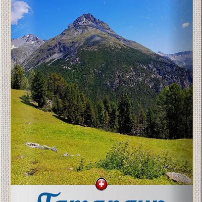 Cartel de chapa de viaje, 20x30cm, Tamangur, Suiza, montañas, bosque, naturaleza