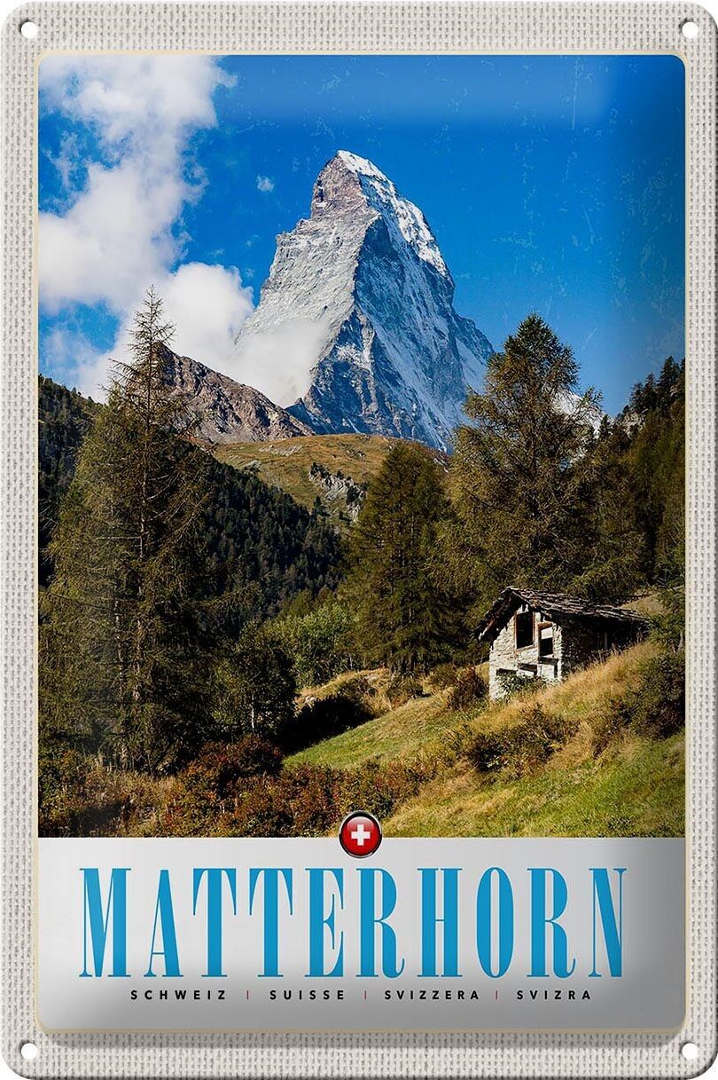 Targa in metallo da viaggio 20x30 cm Cervino Svizzera Foresta Montagne Neve