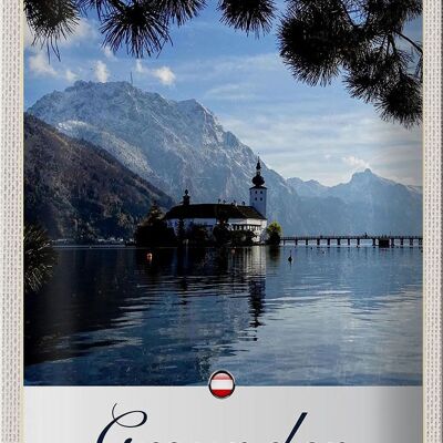 Cartel de chapa de viaje, 20x30cm, Gmunden, Austria, iglesia, montañas, naturaleza