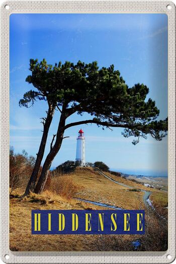 Panneau en étain voyage 20x30cm, phare de Hiddensee, arbre, pâturage, prairie 1
