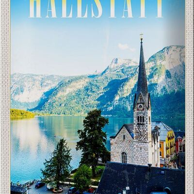 Cartel de chapa viaje 20x30cm Hallstatt Austria montañas iglesia
