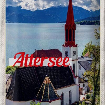 Blechschild Reise 20x30cm Attersee Österreich Kirche Berge See