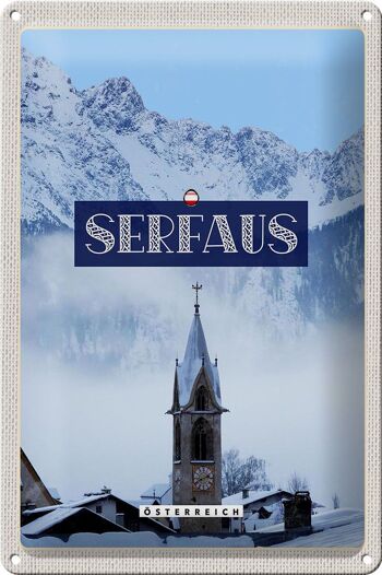 Signe en étain voyage 20x30cm, Serfhaus, montagnes enneigées, église, hiver 1