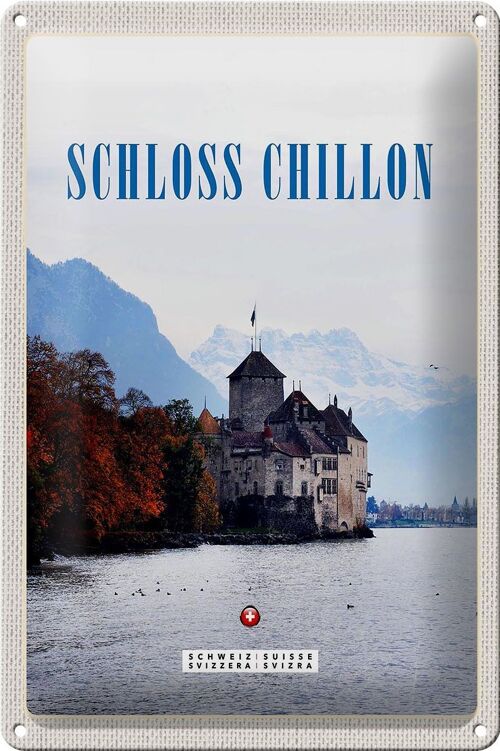 Blechschild Reise 20x30cm Ausblick auf Schloss Chillon Genfersee