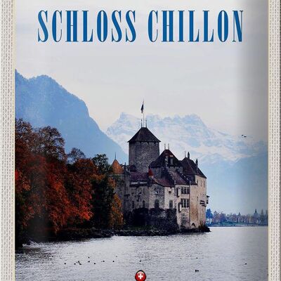 Blechschild Reise 20x30cm Ausblick auf Schloss Chillon Genfersee