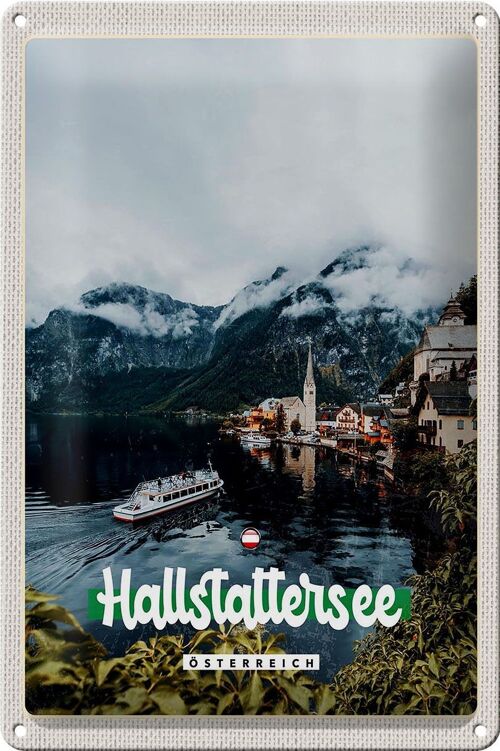 Blechschild Reise 20x30cm Hallstattersee Berge Schiff Boot Berg