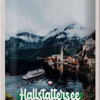 Cartel de chapa de viaje, 20x30cm, lago Hallstatt, montañas, barco, montaña