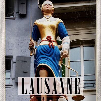 Plaque en étain voyage 20x30cm Lausanne Suisse Sculpture Femme Balance