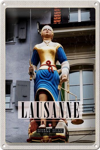 Plaque en étain voyage 20x30cm Lausanne Suisse Sculpture Femme Balance 1