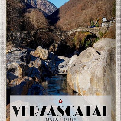 Cartel de chapa de viaje, 20x30cm, Valle de Verzasca, puente, bosques, río, naturaleza